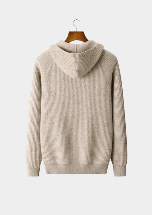 ZUIVER EXTRA-FIJNE MERINO WOL GERIBDE HOODIE MET RITS
